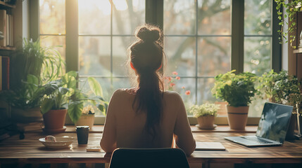 Poster - A woman sits at a desk with a laptop and a cup of coffee. She is wearing a sweater and has her hair in a bun. The room has potted plants and a window, and there is a book on the desk