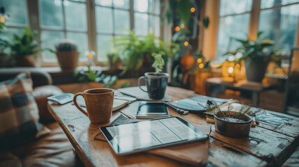 Poster - A table with a laptop, tablet, and a cup of coffee. The table is in a living room with a window and potted plants. Scene is relaxed and comfortable