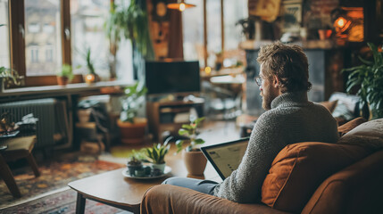 Poster - A man is sitting on a couch in a living room with a laptop in front of him. The room is decorated with plants and has a cozy atmosphere