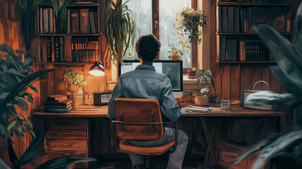 Wall Mural - A man is sitting at a desk with a computer and a potted plant in front of him. The room is dimly lit, and the man is working on a project