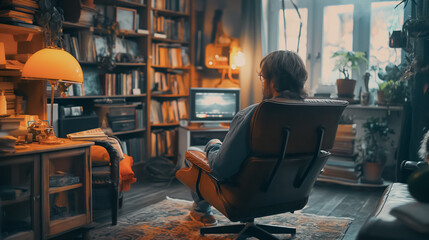 Poster - A man is sitting in a chair in a living room with a television in front of him. The room is filled with books and a potted plant. The atmosphere is cozy and comfortable