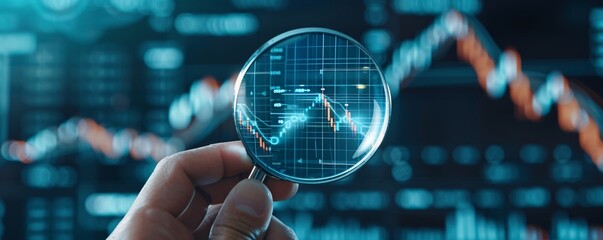 Poster - a close-up of a hand holding a magnifying glass over a financial report that details the impact of e