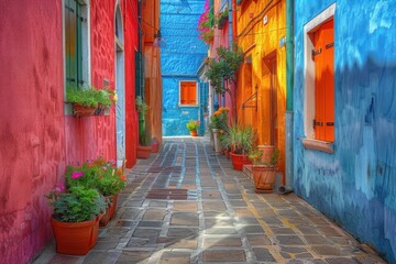 Colorful Street in Burano, Italy: Vibrant Houses on a Picturesque Alley