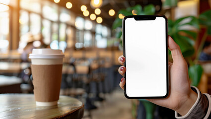 Mockup woman's hand holding using smart phone with white blank screen at coffee shop, mobile app design and advertising, online marketing