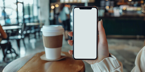 Mockup woman's hand holding using smart phone with white blank screen at coffee shop, mobile app design and advertising, online marketing