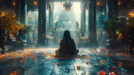 Serene Buddhist Temple Interior with Monk Meditating