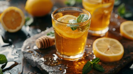 Ginger Tea in Glass with Fresh Lemon, Honey Drizzle, and Mint, Perfect for a Healthy Lifestyle