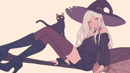 Wall Mural - An adorable anime witch with her black cat, prepared for Halloween.