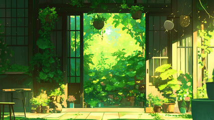 Wall Mural - A thriving green garden with plants growing in an anime cartoon.