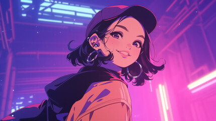 Wall Mural - Smiling hip-hop anime girl in a futuristic industrial setting, Japanese animation style.