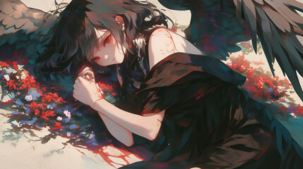 Wall Mural - Beautiful and wounded fallen angel in Japanese anime style.