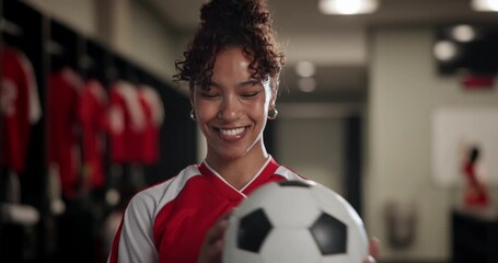 Wall Mural - Woman, football and smile for sport in locker room with juggle for contest, challenge or performance. Person, athlete or soccer player with pride, happy and excited for professional career in Brazil