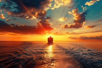 Wall Mural - cruise ship sailing at sunrise in the caribbean sea. luxury boat on ocean voyage