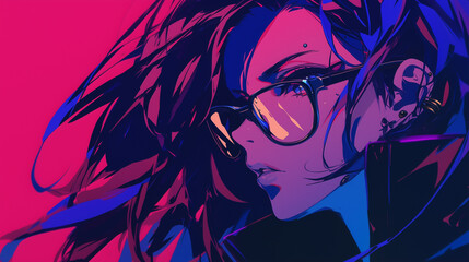 Stylish cyberpunk anime woman with glasses on a dark background.