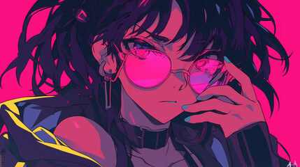 Wall Mural - Stylish anime girl with glasses, depicted in cyberpunk style on a dark backdrop.