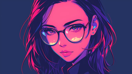 Wall Mural - Modern anime female with glasses in a dark cyberpunk style illustration.