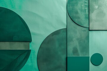 Sticker - Geometric shapes in shades of emerald, jade, and mint on a green abstract wall, Geometric shapes in shades of emerald, jade, and mint on a solid green background