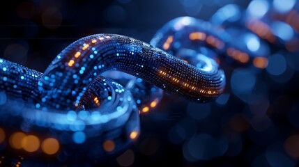 Poster - Glimmering Digital Chain Illuminated With Blue and Orange Lights Against a Dark Background