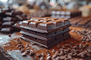 Chocolate bars stacked on top of each other with chocolate chips on the table