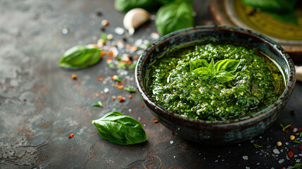 Poster - Pesto in bowl on dark marble table , with empty copy Space 