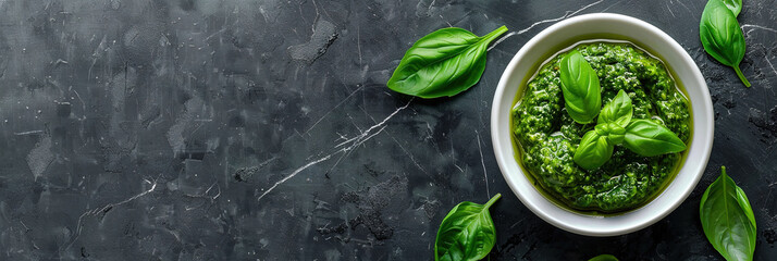 Poster - Pesto in bowl on dark marble table , with empty copy Space 