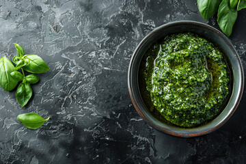 Poster - Pesto in bowl on dark marble table , with empty copy Space 