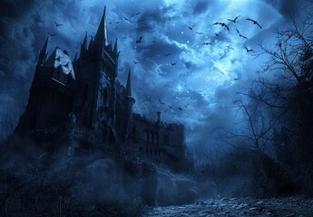 Wall Mural - a scary castle at night with bats flying around in a dark atmosphere or environment, halloween inspi