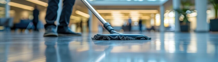 Professional Janitor Cleaning Modern Office Building with Mop on Shiny Floor