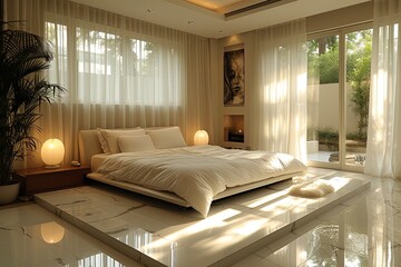 Wall Mural - Minimal bedroom with a white bed, white curtains, and rug. Apartment is bright and airy, with a large window letting in plenty of natural light