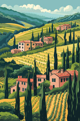 Wall Mural - Landscape in countryside Italy with houses, fields, vineyards and trees. European summer village Vector