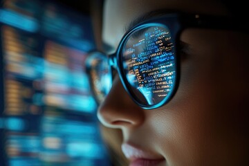 Leinwandbilder - Female programmer working on computer code reflecting in glasses