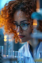 Wall Mural - Focused Female Scientist Conducting Research in a Laboratory with Test Tubes and Advanced Equipment