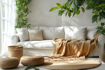 Wall Mural - White couch with a brown blanket, pillows on it and a few potted plants in the background. Cozy and inviting atmosphere