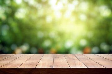 Poster - Empty wooden table top with abstract green nature garden bokeh background