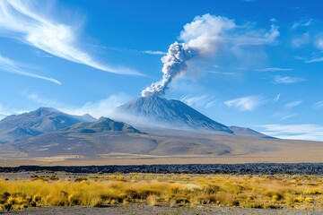 Volcano under a clear blue sky with wisps of smoke rising 