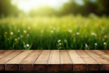 Poster - Empty wooden table with blurred lush green meadow background