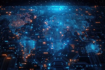 Leinwandbilder - World map digital tech circuit board background