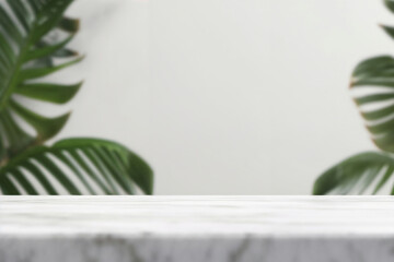 Aufkleber - Empty marble tabletop with blurred green tropical plant background