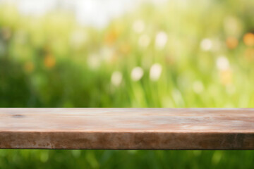 Aufkleber - Empty wooden table top with blurred green garden background for product placement