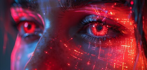 Poster - Woman's Eyes Illuminated in Red With Digital Patterns Against a Dark Background