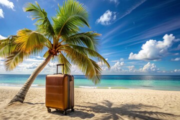 Wall Mural - A brown suitcase is sitting on the beach next to a palm tree