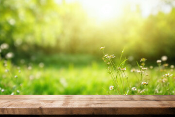 Poster - Empty wooden tabletop with a blurred green grass background