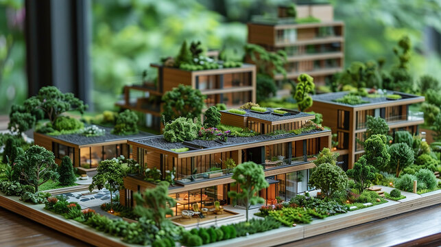 Urban planners design sustainable city models featuring eco-friendly green spaces and community gardens, integrating lush vegetation around energy-efficient residential house for a sustainable future.