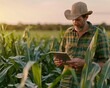 © Mikhail Vorobev - Modern farmer using digital tablet in corn field for esg crop analysis with ai technology