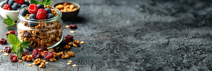 Poster - A jar of homemade granola mixed with dried fruits and nuts and accompanied by a bowl of fresh mixed berries, with empty copy space