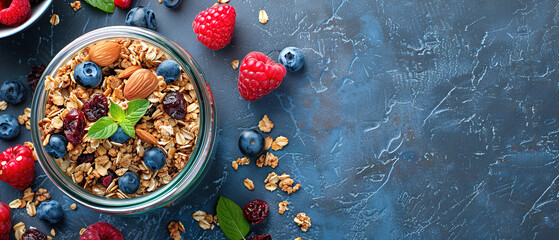 Poster - A jar of homemade granola mixed with dried fruits and nuts and accompanied by a bowl of fresh mixed berries, with empty copy space