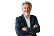 © Maxim - Middle-aged man with a beard and gray hair, wearing a navy blue blazer and white shirt, standing with arms crossed and smiling confidently. Transparent background png.