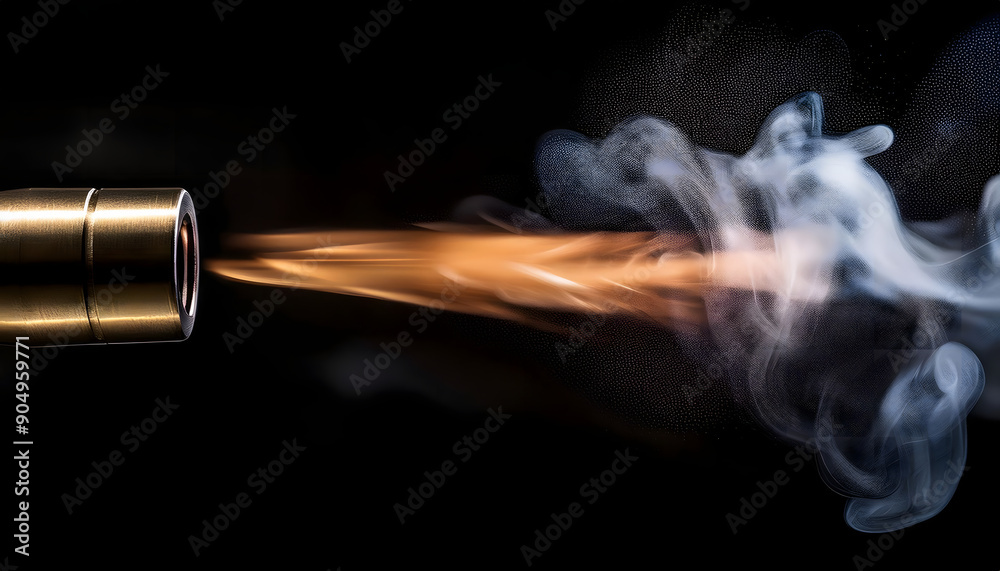 Bullet Leaving a Gun Barrel. A dramatic image capturing the moment a bullet is fired 