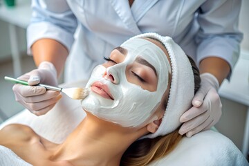 Wall Mural - close-up of a cosmetologist's hands gently applying a facial mask to a client's face