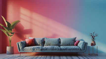 Aufkleber - Blue sofa and gradient wall with plant accents and window shadows in interior design